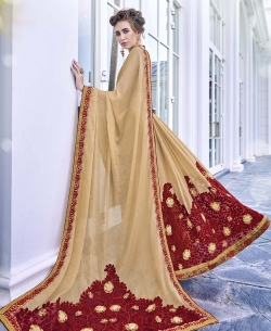Cream Smokee Moss Heavy Embroidery Work Designer Sarees
