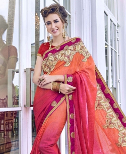 Orange Padding Moss Heavy Embroidery Work Designer Sarees

