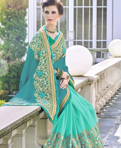 Sky Blue C/N Silk Heavy Embroidery Work Half And Half Sarees