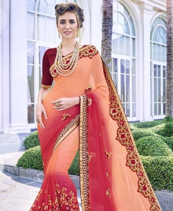 Orange Padding Georgette Heavy Embroidery Work Half And Half Sarees