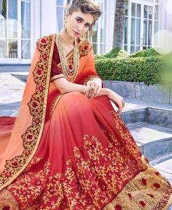 Orange Padding Georgette Heavy Embroidery Work Half And Half Sarees