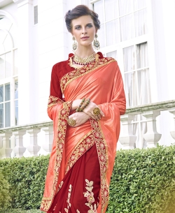 Maroon FDY Foll Lycra Heavy Embroidery Work Half And Half Sarees