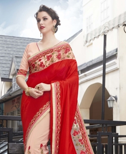 Red Georgette Border Work Half And Half Sarees


