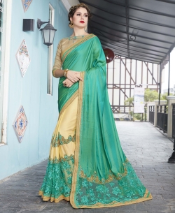 Sea Green Georgette Border Work Half And Half Sarees