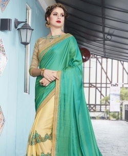 Sea Green Georgette Border Work Half And Half Sarees