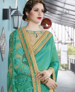 Sea Green Georgette Border Work Half And Half Sarees