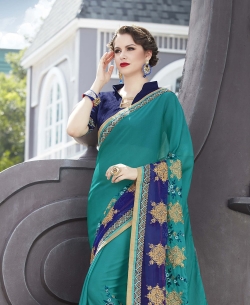 Teal Green Georgette Border Work Border Sarees