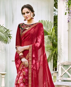 Red Georgette  Lace Border Half And Half Sarees