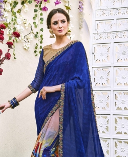 Blue Georgette  Lace Border Half And Half Sarees