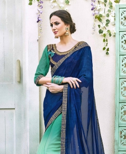 Blue Georgette  Lace Border Half And Half Sarees