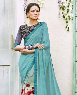Sky Blue Georgette  Lace Border Half And Half Sarees