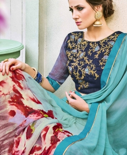 Sky Blue Georgette  Lace Border Half And Half Sarees