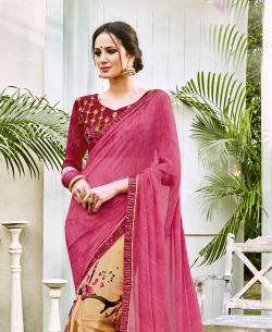 Pink Georgette  Lace Border Half And Half Sarees