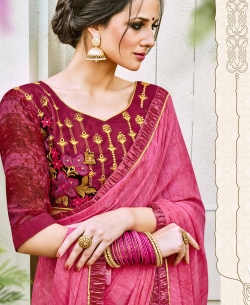 Pink Georgette  Lace Border Half And Half Sarees