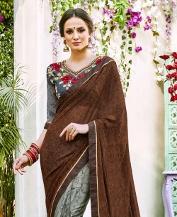 Brown Georgette  Lace Border Half And Half Sarees