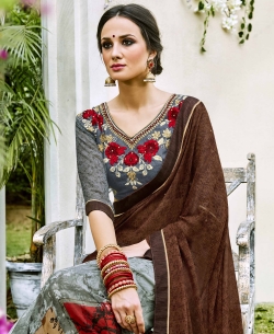 Brown Georgette  Lace Border Half And Half Sarees