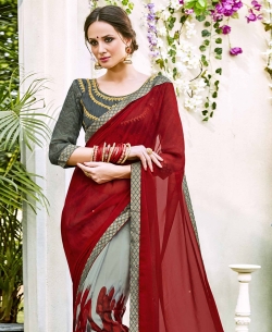 Maroon Georgette  Lace Border Half And Half Sarees