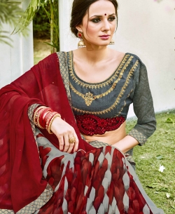 Maroon Georgette  Lace Border Half And Half Sarees