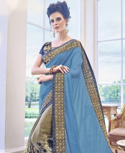 Teal Blue Satin Georgette Embroidery Designer Sarees