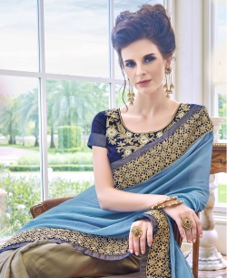 Teal Blue Satin Georgette Embroidery Designer Sarees