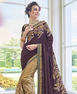 Brown Smoke Satin Georgette Embroidery Designer Sarees