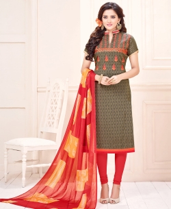 Grey Cotton Jacquard Embroidery Work Chudidhar Suits
