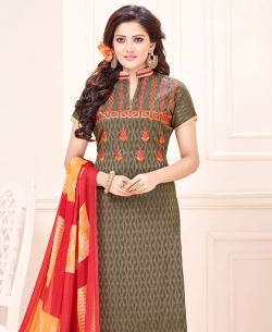 Grey Cotton Jacquard Embroidery Work Chudidhar Suits