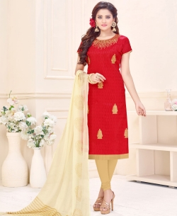 Red Cotton Jacquard Embroidery Work Chudidhar Suits