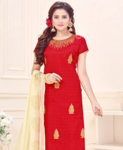 Red Cotton Jacquard Embroidery Work Chudidhar Suits