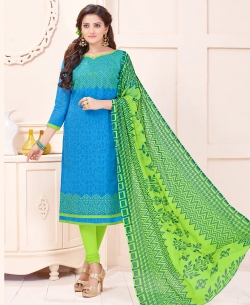 Blue Cotton Jacquard Embroidery Work Chudidhar Suits