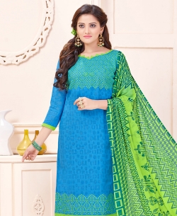 Blue Cotton Jacquard Embroidery Work Chudidhar Suits