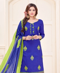 Blue Cotton Jacquard Embroidery Work Chudidhar Suits
