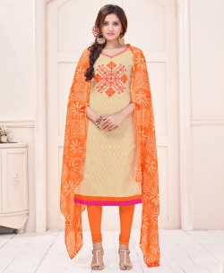 Cream Cotton Jacquard Embroidery Work Chudidhar Suits