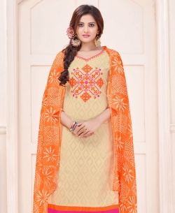 Cream Cotton Jacquard Embroidery Work Chudidhar Suits
