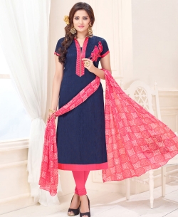Blue Cotton Jacquard Embroidery Work Chudidhar Suits