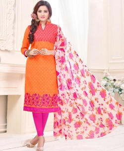 Orange Cotton Jacquard Embroidery Work Chudidhar Suits