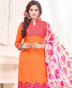 Orange Cotton Jacquard Embroidery Work Chudidhar Suits
