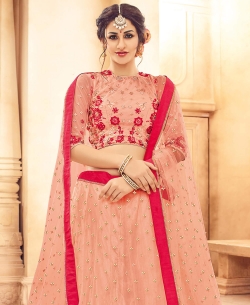Pink Butterfly Net Heavy Embroidery Work A Line Lehengas