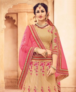 Beige Butterfly Net Heavy Embroidery Work A Line Lehengas
