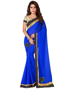 Blue Georgette Plain Border Sarees