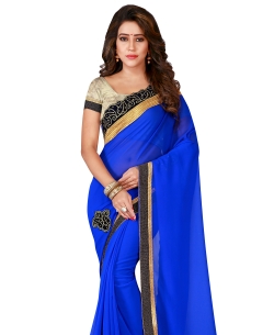 Blue Georgette Plain Border Sarees