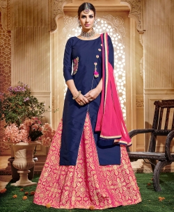 Blue Taffeta Silk Embroidered Long Choli Lehengas