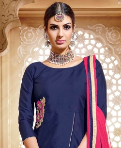 Blue Taffeta Silk Embroidered Long Choli Lehengas
