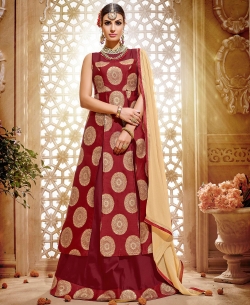 Maroon Banarasi Jacquard Printed Long Choli Lehengas