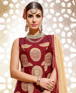 Maroon Banarasi Jacquard Printed Long Choli Lehengas