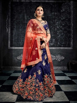 Navy Blue Silk Hand Work A Line Lehengas