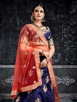 Navy Blue Silk Hand Work A Line Lehengas