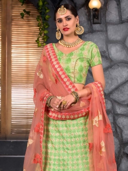 Green Net Embroidery A Line Lehengas