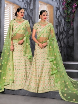 Green Net Embroidery A Line Lehengas