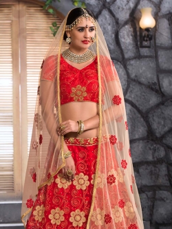 Red Net Embroidery A Line Lehengas